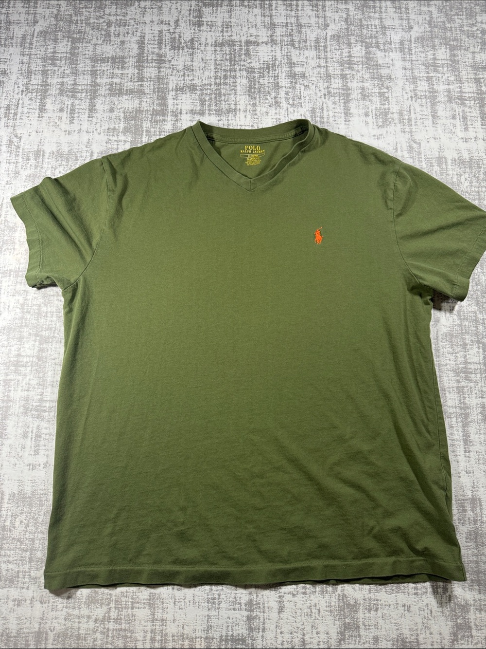 Polo by Ralph Lauren Men’s Olive V-Neck Tee with Orange Pony Logo sz M 25X21 PTP